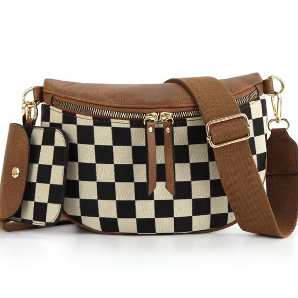 Handbags - Checkered Black & Cream with Brown Accents Women's Crossbody or Waist Bag NWT
